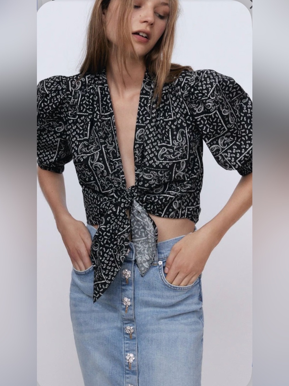 Zara Black and White Paisley Tie-Front Button Down